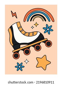 Retro poster with roller. Positivity and optimism, sports, outdoor activities and energy. Hippie and hallucinogenic. 60s, 70s and 80s. Stars, rainbow and flowers. Cartoon flat vector illustration