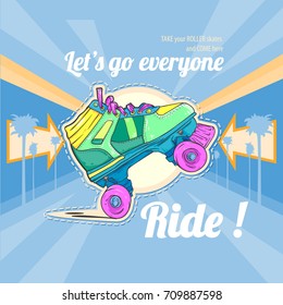 Retro poster with roller skates palms and text, vector illustration, vintage style, pastel colors