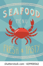 Retro poster Seafood with lettering. Fresh and tasty. Vector illustration.
