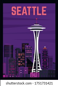 Retro poster of Seattle, night landscape of the city.