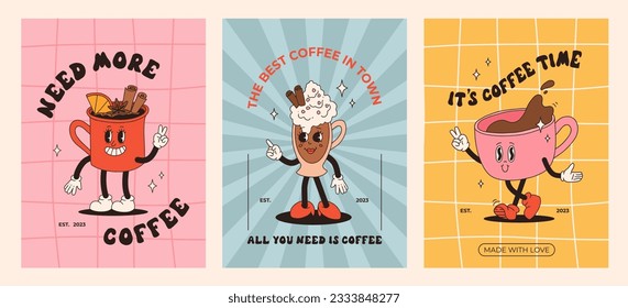 Retro poster set with coffee mascot, cartoon characters, funny colorful doodle style characters, cappuccino, cocoa, latte, espresso. Vector illustration with typography elements