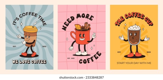 Retro poster set with coffee mascot, cartoon characters, funny colorful doodle style characters, cappuccino, cocoa, latte, espresso. Vector illustration with typography elements