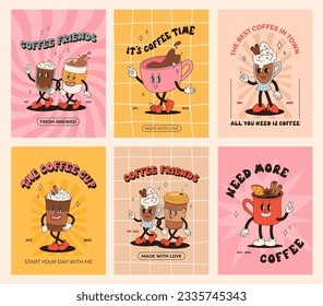 Afiche retro con mascota de café, personajes de dibujos animados, personajes divertidos y coloridos de estilo doodle, capuchino, cacao, latte, espresso. Ilustración vectorial con elementos tipográficos