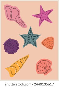 retro poster set with different colored seashells and starfish with a black outline vector illustration