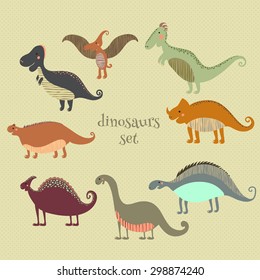 Retro poster with set funny dinosaurs in cartoon. Can be used for wallpapers, pattern fills, web page backgrounds,surface textures. - stock vector collection