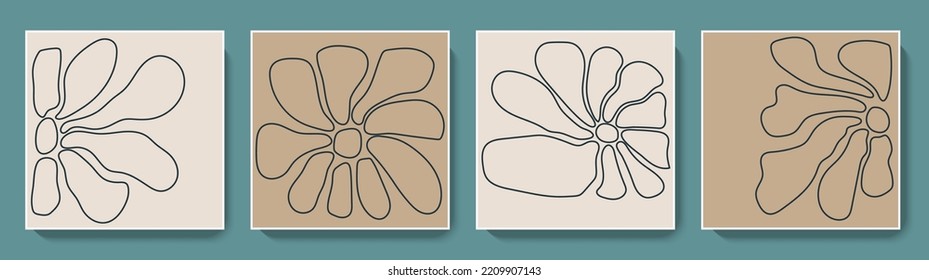 Retro poster set with groovy flower. Abstract funky daisy line art. Modern trippy painting for social media post, interior wall decoration, greeting card. Vintage design vector illustration