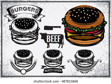 Retro poster with set of logo, labels, stickers and logotype elements for fast food restaurant, cafe, hamburger and burger. Vector illustration.