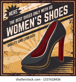 Retro poster shoes vector illustration. Shoe shop for men and women. Poster, banner, sticker in the old, retro, vintage style. With grunge texture.