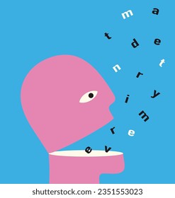 Retro poster, silhouette of a human head, letters flying out of the mouth. The concept of communication, expression of opinion. Vector illustration.