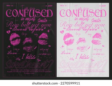 Retro poster with silhouettes of female lipstick. Abstract print with paper texture, for streetwear, print for t-shirts and sweatshirts on a black background