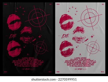 Retro poster silhouettes of female lipstick with aim. Abstract print with paper texture, for streetwear, print for t-shirts and sweatshirts on a black background