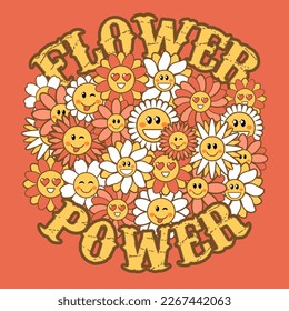 Afiche retro con eslogan Flower Power. Flores de margarita gruesas con caras sonrientes sobre fondo rojo. Ilustración vectorial en estilo retro moderno para la impresión de camisetas, textiles, ropa y diseño de afiches. 