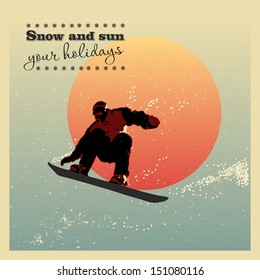 Retro poster. snowboarder flying against the evening sun