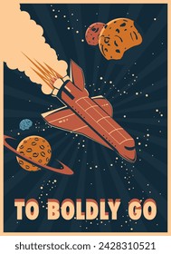 retro poster with a space shuttle, different planets and text vector illustration