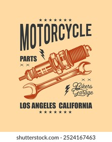 Afiche retro. Bujía y llave. Ilustración vectorial original en estilo vintage aislado sobre fondo blanco. Diseño de camiseta. ¡Dibujado a mano, no por la IA!