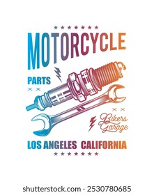 Retro poster. Spark plug and wrench. Original vector illustration in vintage style isolated on white background. T-shirt design. Hand drawn, not AI