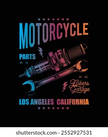 Retro poster. Spark plug and wrench. Original vector illustration in vintage style isolated on black background. T-shirt design. Hand drawn, not AI