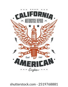 Retro poster. Spark plug and wrenches against the background of wings. Original vector illustration in vintage style. T-shirt design. Hand drawn, not by AI!