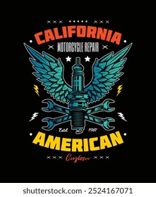 Afiche retro. Bujía y llaves contra el fondo de las alas. Ilustración vectorial original en estilo vintage. Diseño de camiseta. ¡Dibujado a mano, no por la IA!