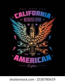 Retro poster. Spark plug and wrenches against the background of wings. Original vector illustration in vintage style. T-shirt design. Hand drawn, not AI