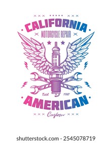 Retro poster. Spark plug and wrenches against the background of wings. Original vector illustration in vintage style. T-shirt design. Hand drawn, not AI