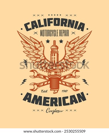 Retro poster. Spark plug and wrenches against the background of wings. Original vector illustration in vintage style. T-shirt design. Hand drawn, not AI
