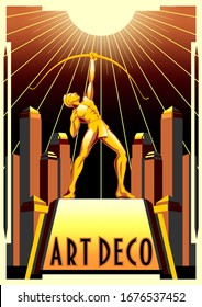 Retro poster with a statue of a male archer and urban skyscrapers in the background. Handmade drawing vector illustration. Art Deco style.