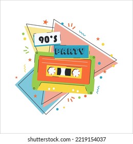 Retro poster in the style of 1990s.  Vector tape cassette with titile 90's party.