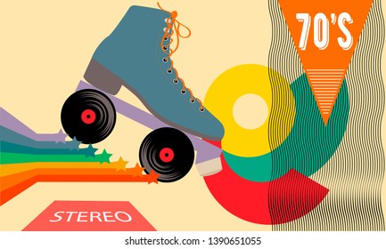 Retro poster in the style of the 70s. Roller skates, stars, music and records. Vector illustration.