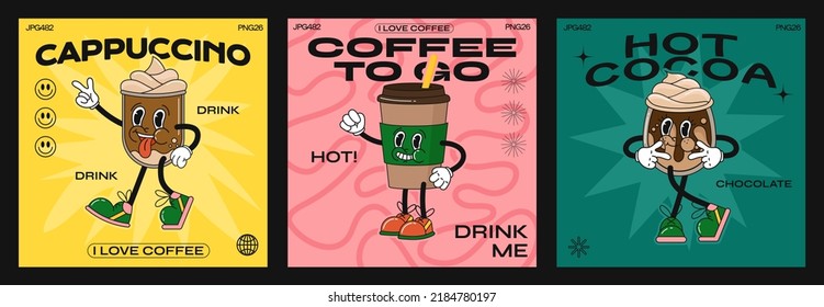 Retro poster style coffee drink cartoon characters  funny colorful doodle style characters  cappuccino  cocoa  latte  espresso  Vector illustration and typography elements