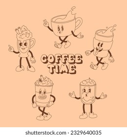 Retro poster style coffee drink cartoon characters, funny colorful doodle style characters, cappuccino, cocoa, latte, espresso. Vector illustration with typography elements
