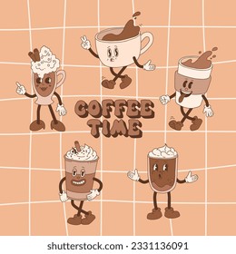 Retro poster style coffee drink cartoon characters, funny colorful doodle style characters, cappuccino, cocoa, latte, espresso. Vector illustration with typography elements