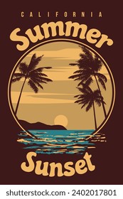 Retro Poster Summer sunset California. Tropical coast beach