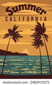 Retro Poster Summer sunset California. Tropical coast beach