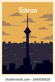 Retro poster Tehran city skyline. vintage, Tehran vector illustration.