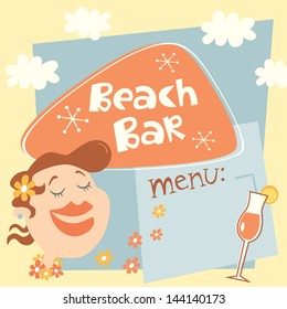 Retro poster template for beach bar. Beach bar vintage vector sign. Beach party. Beach bar banner with cartoon girl's head and place for your menu.