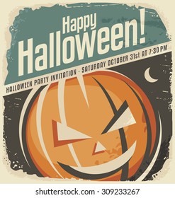 Retro poster template with Halloween pumpkin head. Party invitation layout. 