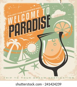 Retro poster template for travel agency. Beach bar vintage vector sign. Grunge seaside old paper card with cold drink, sea, sail boat and palm tree.