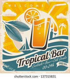 Retro poster template for tropical bar. Grunge seaside old paper card with cold drink and palm tree.