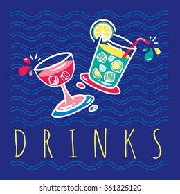Retro poster template for tropical bar. Beach bar vintage vector sign. Cocktail party poster with alcohol drinks in glasses on dark background vector illustration.