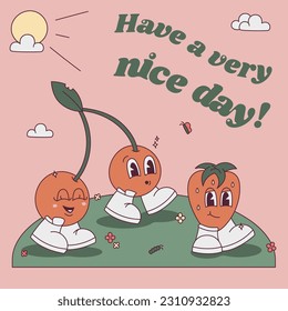 Afiche retro con texto. Imagen de bayas en un paseo al estilo de la ranura. Ilustración vectorial de con la imagen de cerezas y fresas en un paseo.