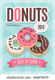 Retro poster with three chocolate donuts on a blue background. Vector illustration
