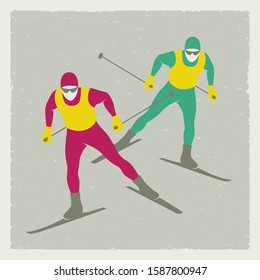 Retro poster with two professional cross-country skiers in colorful tracksuits are rapidly descending the snowy slope.