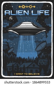 Retro poster with ufo illuminate houses at night. Vector alien saucer in starry sky explore human life on earth. Extraterrestrial comer from outer space grunge vintage card, cosmos, stars and planets