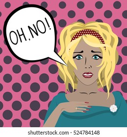 Retro poster with upset girl saying "oh no!".