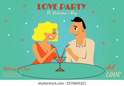  Retro poster Valentine's Day party green background, woman in red dress, blonde in red, Valentine's Day banner, night club banner, hearts and stars