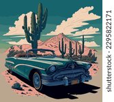 Retro poster, vector illustration, retro machine on the background of the desert landscape with cacti