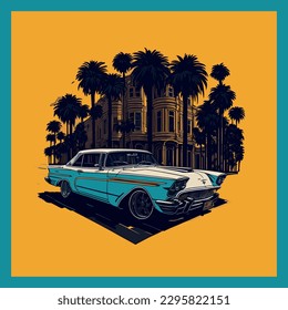 Retro poster, vector illustration, retro machine on the background of landscape from skyscrapers