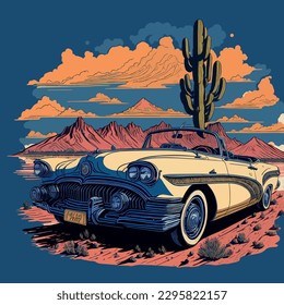 Retro poster, vector illustration, retro machine on the background of the desert landscape with cacti