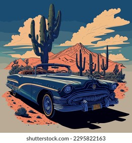 Retro poster, vector illustration, retro machine on the background of the desert landscape with cacti